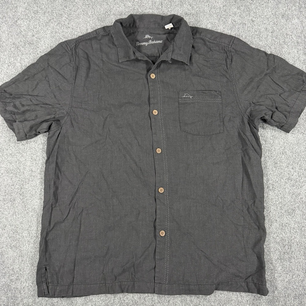 Tommy Bahama Silk Shirt Mens Large Black Short Sleeve Islandzone Loop Collar